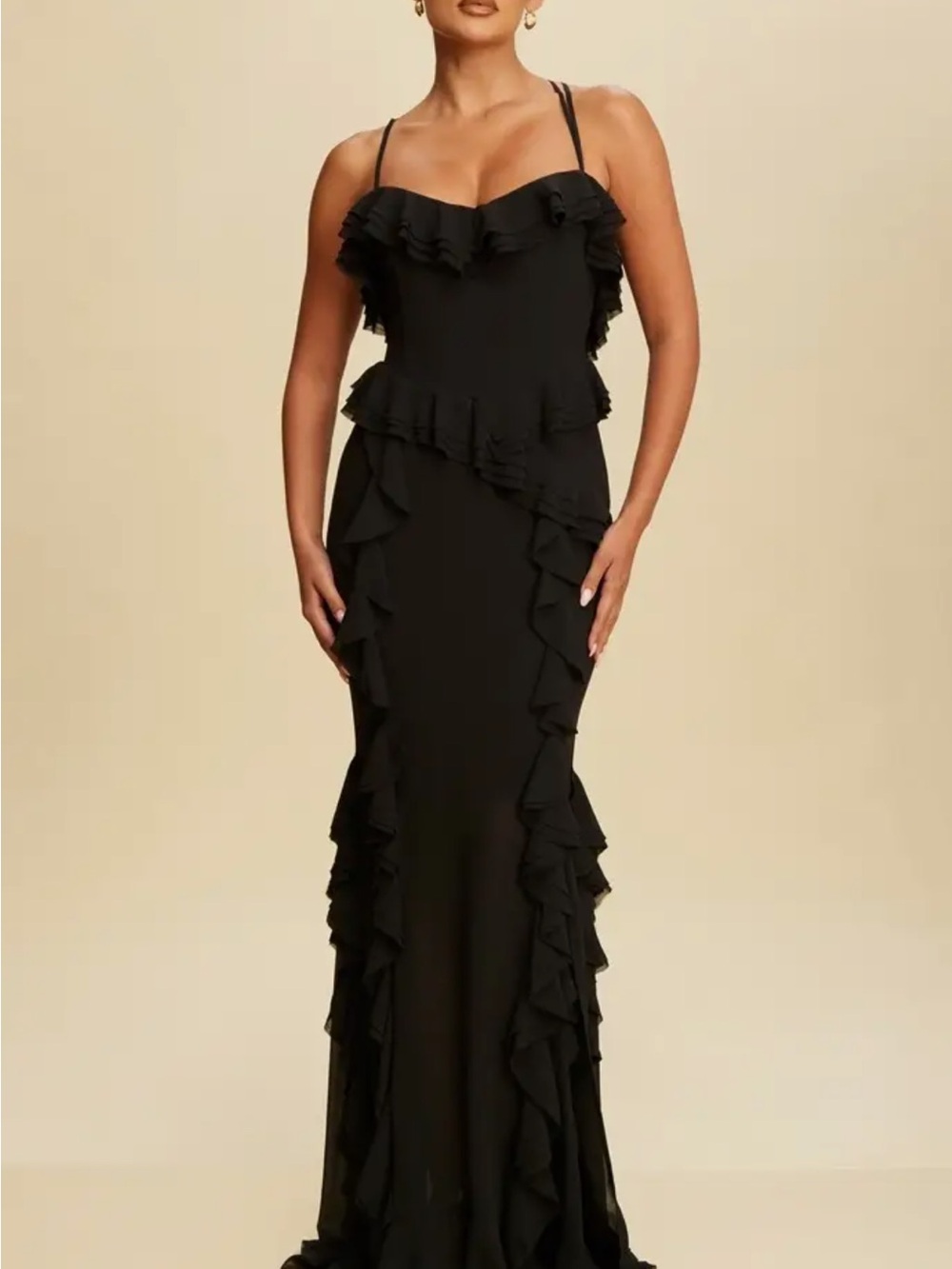 Luxxel Black Ruffle Strap Maxi Gown
